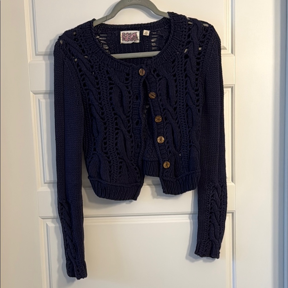 Blue Cable Knit Cropped Cardigan Sweater
